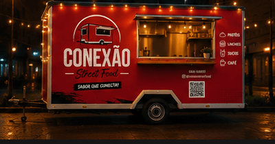 Trailer da Conexão Street Food iluminado à noite, pronto para atender